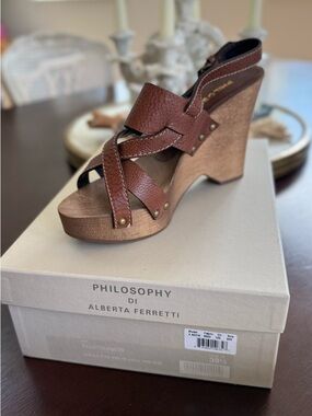 Alberta Ferretti Brown Leather Braided Wedge Sandals